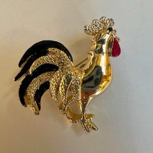 Vintage Signed Gerry's Goldtone Rooster with black and red enamel brooch
